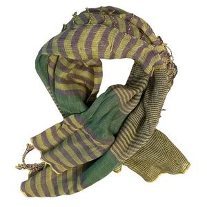 Collection 18 Green Yellow Purple Striped Linen Rayon Blend Light Scarf 40”x40”